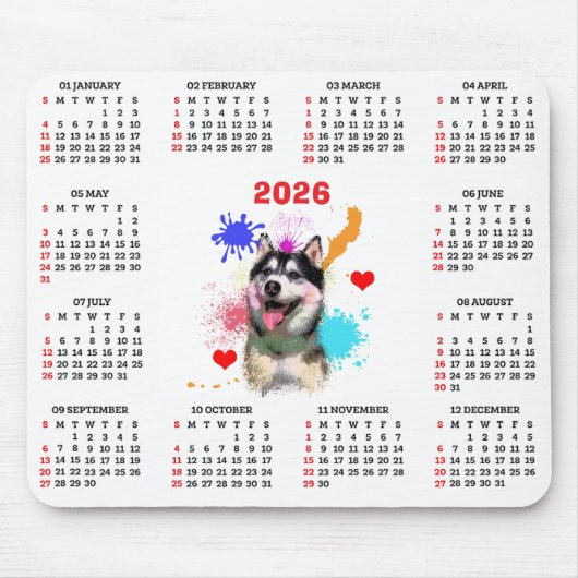 Customisable Cute Siberian Husky Dog Calendar Muismat (Voorkant)