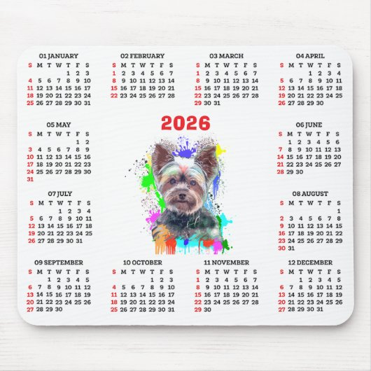 Customisable Cute Yorkie Dog Calendar Muismat (Voorkant)