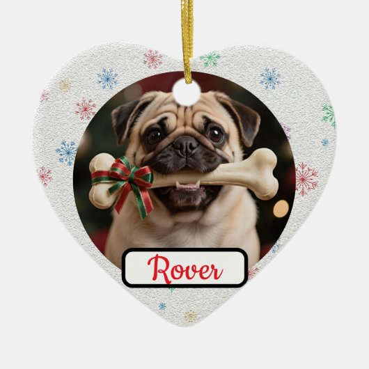 Customisable Dog And Bone Pet Heart Christmas Keramisch Ornament (Voorkant)
