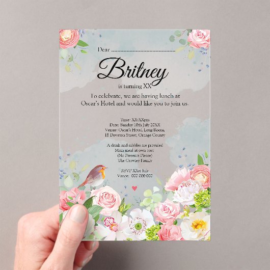 Customisable Female Birthday Invitation – Clear Acryl Uitnodigingen (Insitu (Draagbaar))