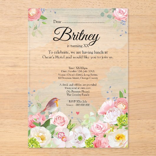 Customisable Female Birthday Invitation – Clear Acryl Uitnodigingen (Voorkant)