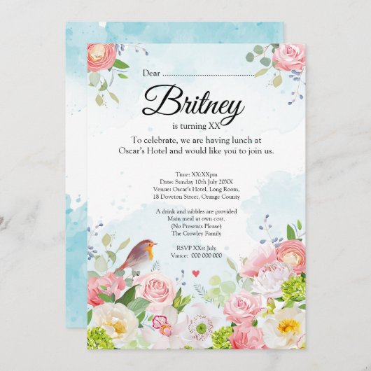 Customisable Female Birthday Invitation – Editable Kaart (Voorkant / Achterkant)