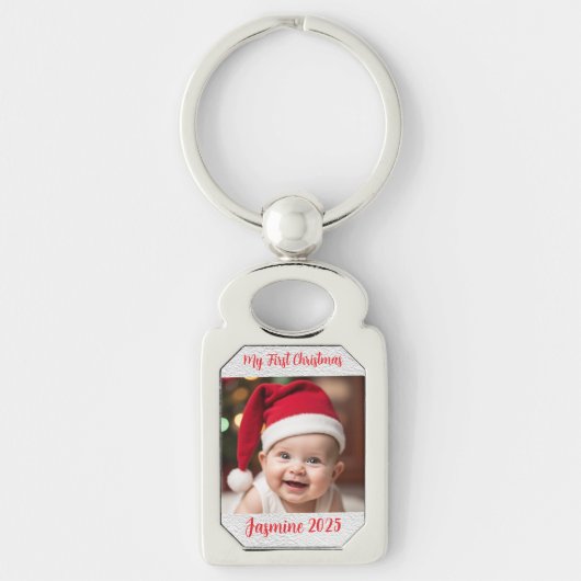 Customisable Rectangle Metal Baby First Christmas Sleutelhanger (Voorkant)