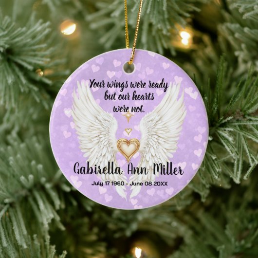 Customizable Angel Wings Memorial Keramisch Ornament (Boom)