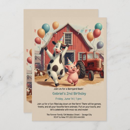 Customizable Barnyard Animal Birthday Invitation Kaart (Voorkant / Achterkant)