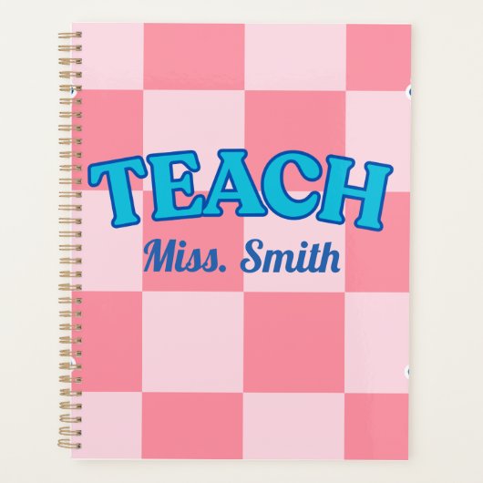 Customizable Blue and PinCheckered Teacher Planner (Voorkant)