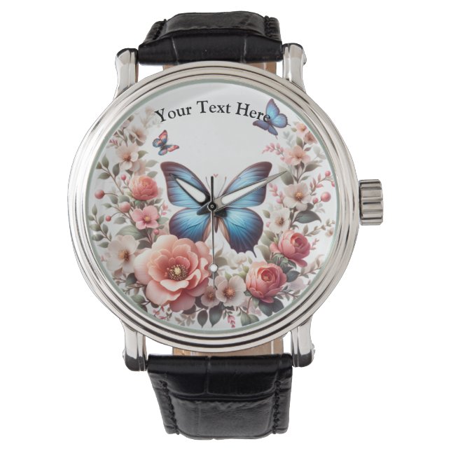 Customizable Blue Butterfly Floral Art-96279 Horloge (Voorkant)