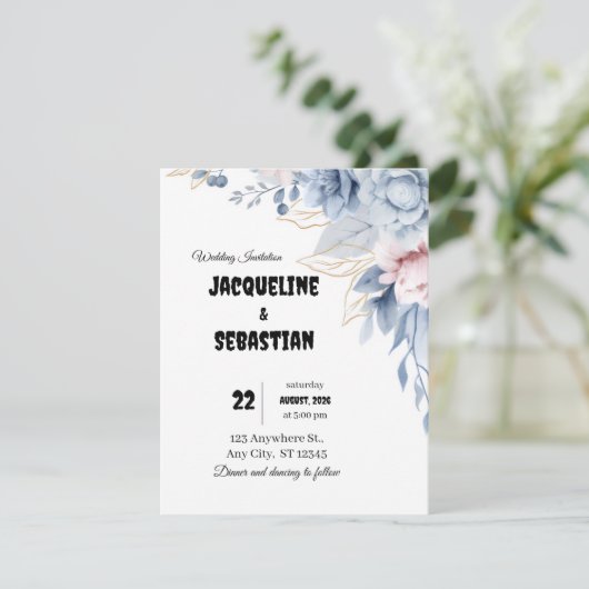 Customizable Blue Floral Wedding Kaart (Staand voorkant)