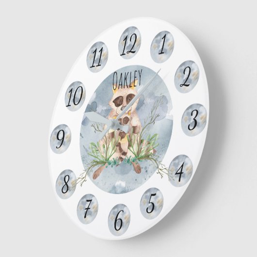 Customizable Blue Raccoon Nursery Clock Large Grote Klok (Hoek)