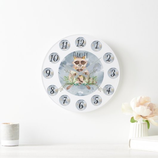 Customizable Blue Raccoon Nursery Clock Large Grote Klok (Huis)