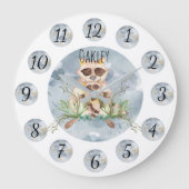 Customizable Blue Raccoon Nursery Clock Large Grote Klok (Voorkant)