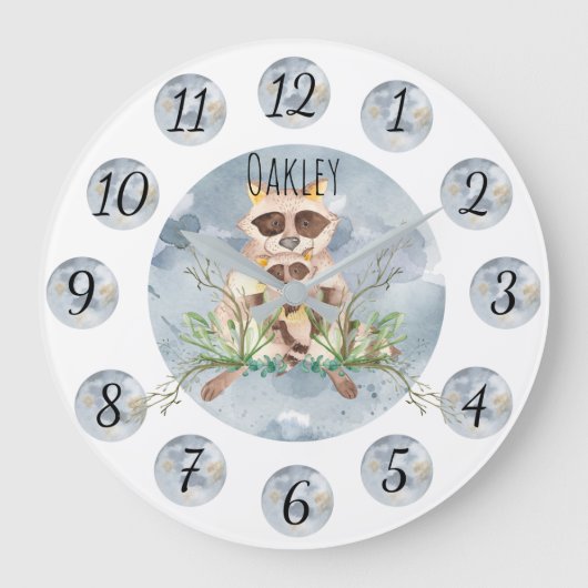 Customizable Blue Raccoon Nursery Clock Large Grote Klok (Voorkant)