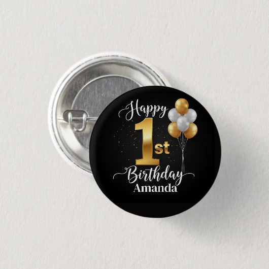Customizable Button for 1st Birthday (Black/Gold) (Voorkant /achterkant)