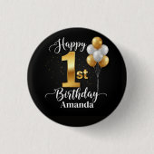 Customizable Button for 1st Birthday (Black/Gold) (Voorkant)