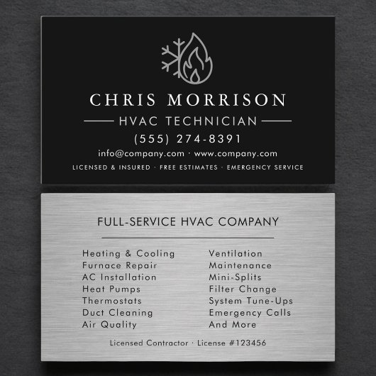 Customizable HVAC Black Steel Logo Metallic Visitekaartje