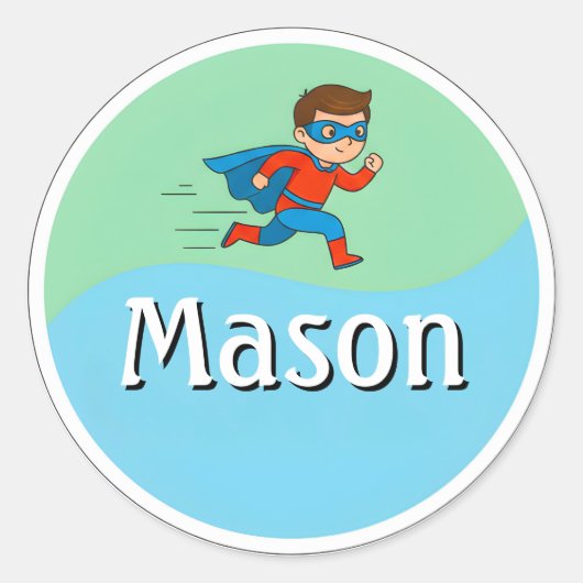 Customizable Kids Name Sticker – Running Superhero (Voorkant)
