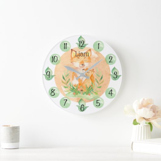 Customizable Leaf Baby Fox Nursery Clock Large Grote Klok (Huis)