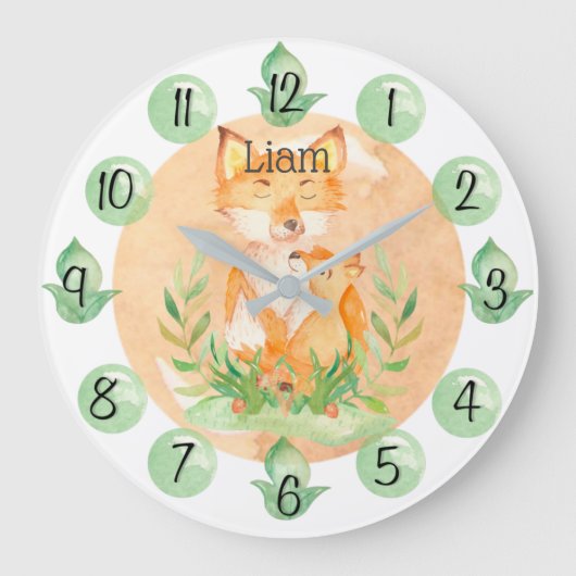 Customizable Leaf Baby Fox Nursery Clock Large Grote Klok (Voorkant)