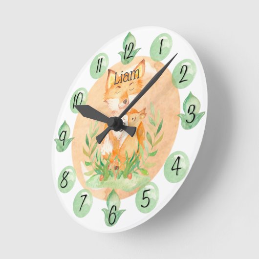 Customizable Leaf Baby Fox Nursery Clock Medium Ronde Klok (Hoek)