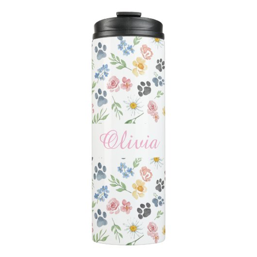 Customizable Name Floral Paw Print Thermal Tumbler Thermosbeker (Voorkant)
