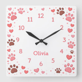 Customizable Name Pet Paw Print Wall Clock Vierkante Klok