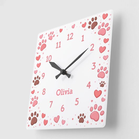 Customizable Name Pet Paw Print Wall Clock Vierkante Klok (Hoek)