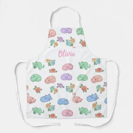 Customizable Pastel Cat and Rose Pattern Apron Schort (Voorkant)