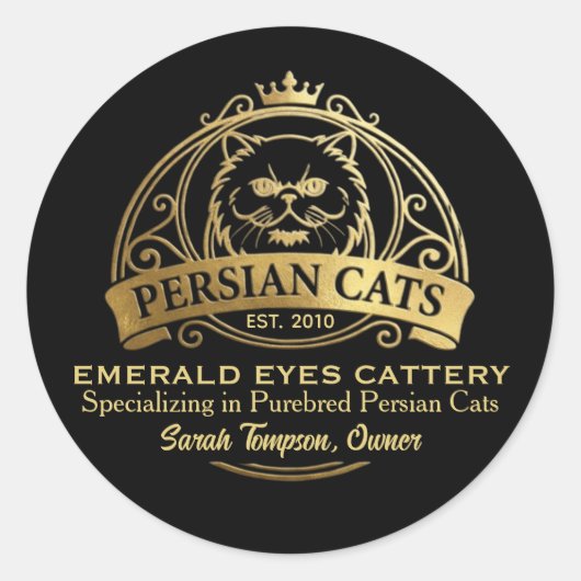 Customizable Persian Cattery Elegant Gold Design Ronde Sticker (Voorkant)