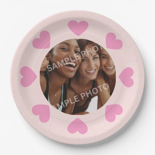 Customizable Pink Heart Photo Paper Plates Papieren Bordje (Voorkant)