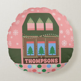 Customizable Pink Holiday Village Rond Kussen