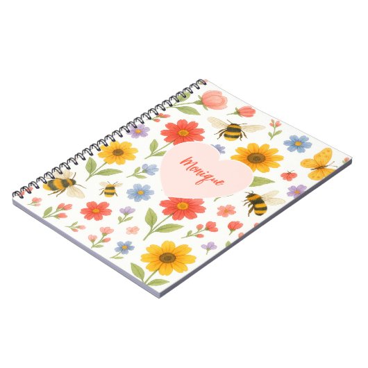 Customizable Pink Orange Floral and Bee Pattern  Notitieboek (Linkerzijde)