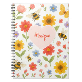 Customizable Pink Orange Floral and Bee Pattern  Notitieboek