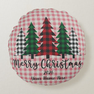 Customizable Plaid Merry Christmas Round Pillow Rond Kussen