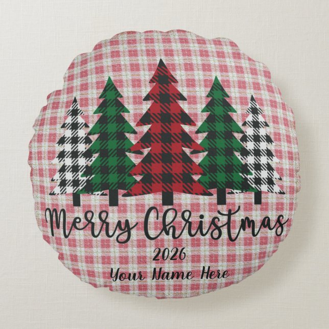Customizable Plaid Merry Christmas Round Pillow Rond Kussen (Voorkant)
