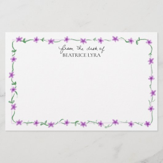 Customizable Purple Floral Briefpapier (Voorkant)