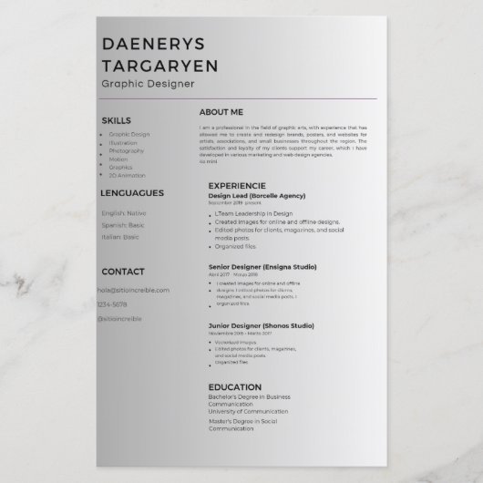 customizable resume sheet curriculum vitae (Voorkant)
