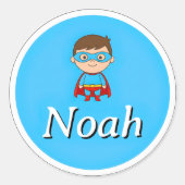 Customizable Round Kids Name Sticker – Superhero (Voorkant)