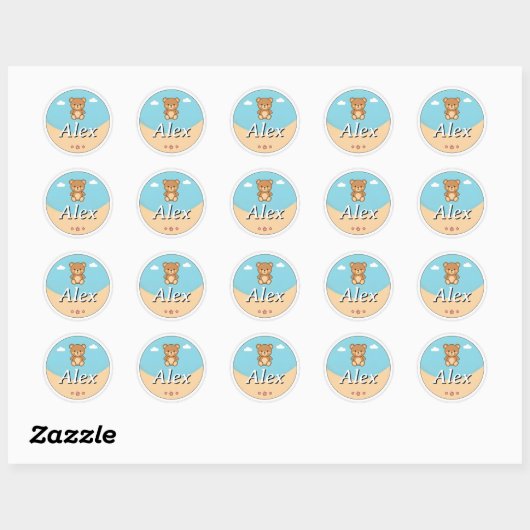 Customizable Round Kids Name Sticker – Teddy Bear (Vel)