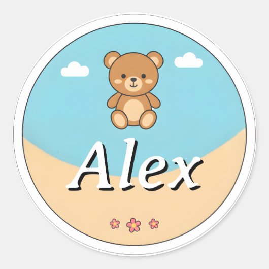 Customizable Round Kids Name Sticker – Teddy Bear (Voorkant)
