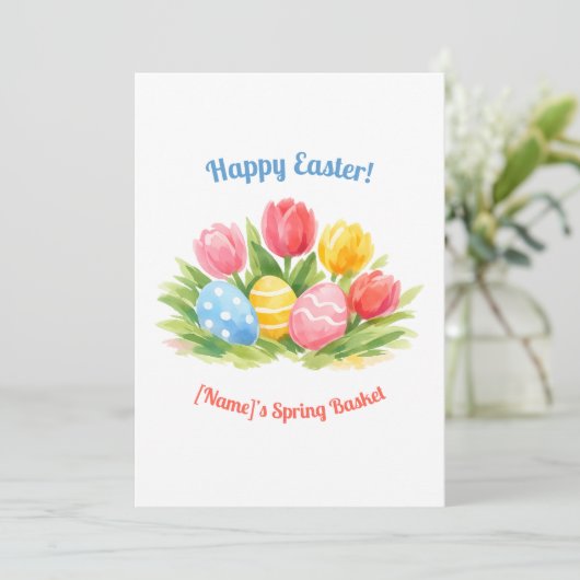 Customizable Whimsical Easter Tulips & Eggs Design Feestdagenkaart (Staand voorkant)
