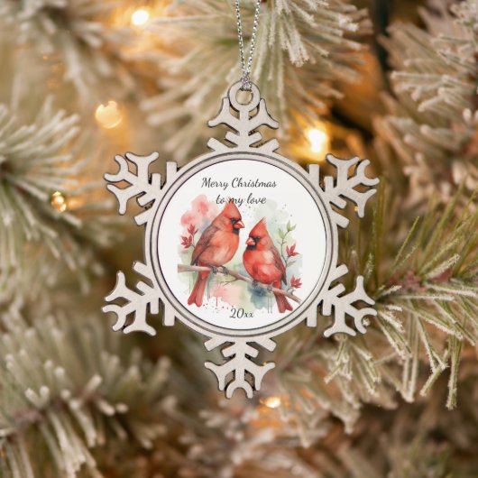 Customize Dated Cardinal to my Love Tin Sneeuwvlok Ornament (Boom)