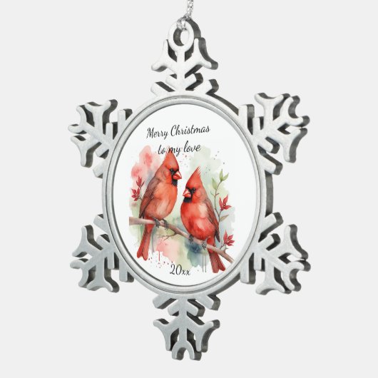 Customize Dated Cardinal to my Love Tin Sneeuwvlok Ornament (Rechts)