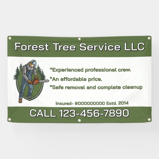 Customize Tree Service Man With Chainsaw Business Spandoek (Horizontaal)