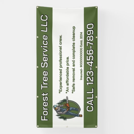 Customize Tree Service Man With Chainsaw Business Spandoek (Verticaal)