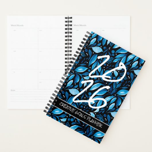Customize Year 2026 Black/Blue Botanical Planner (Display)