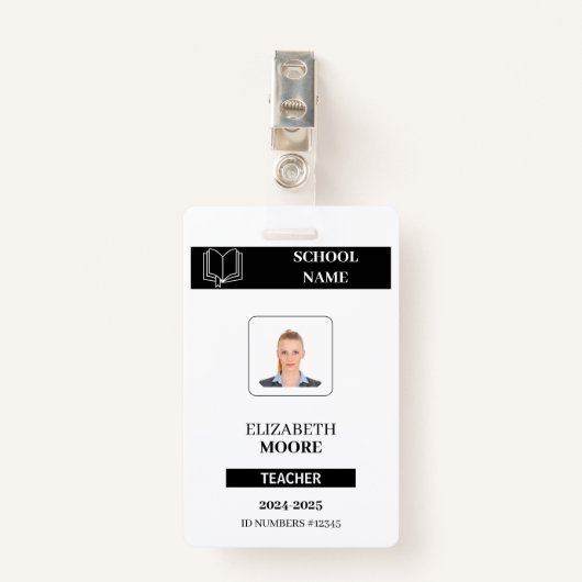Customized black ID badge for teachers (Voorkant met clip)