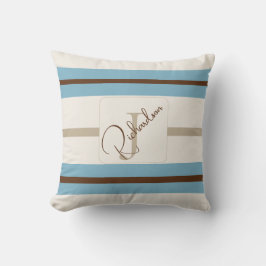 Customized Blue Brown Stripe Monogram Coastal Name Kussen
