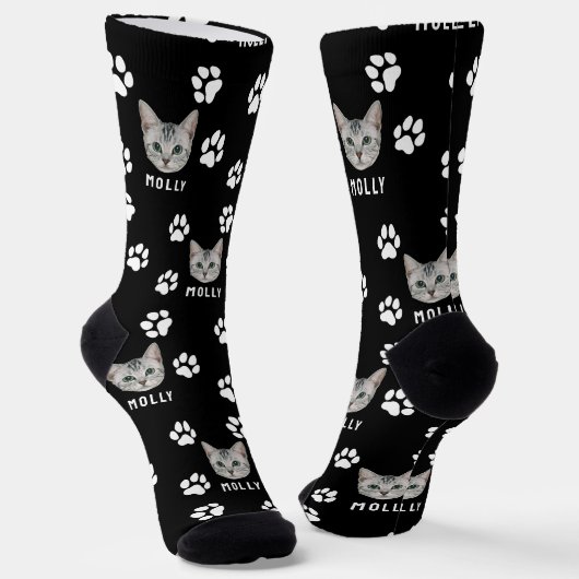 Customized Cat Pet Photo & Name Black Sokken (Gebogen)