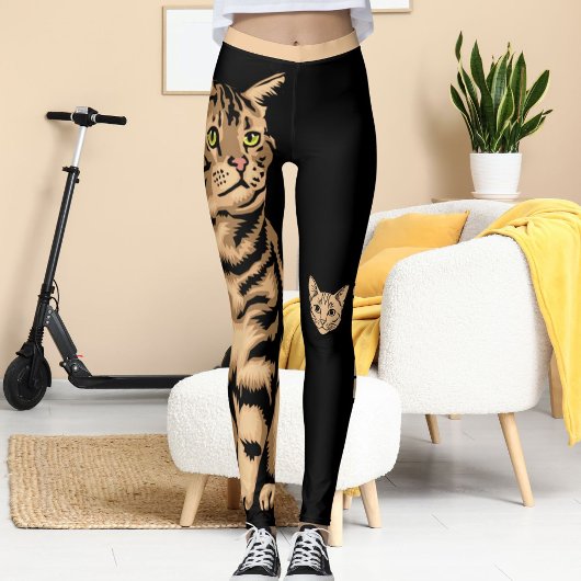 Customized Cute Cat Pet Animal Black Peach Stripes Leggings