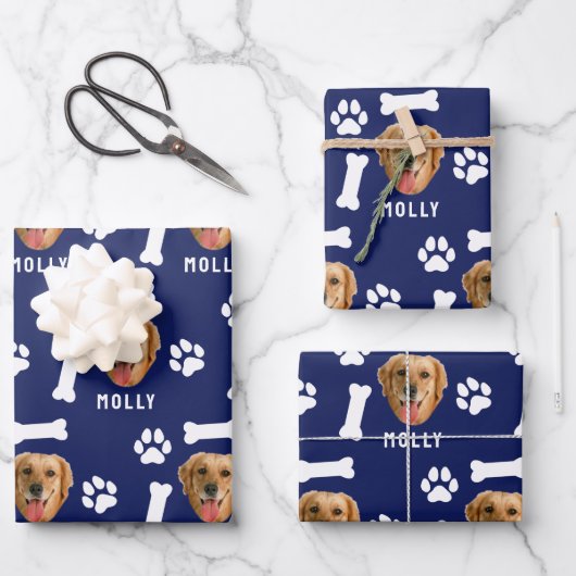 Customized Dog Pet Photo & Name Navy Blue Inpakpapier Vel (Voorkant)